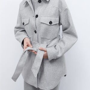 Zara Soft Belted Overshirt Jacket in Light Gray